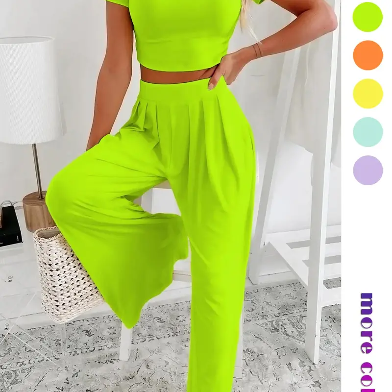 Women's Solid Round Neck Crop Top & High-Waist Wide-Leg Pants Set, Casual Beach Set, Basic Minimalist Short Sleeve Tee & Pleated Trousers for Daily Wear, Ladies Summer Clothes, Casual Everyday Set