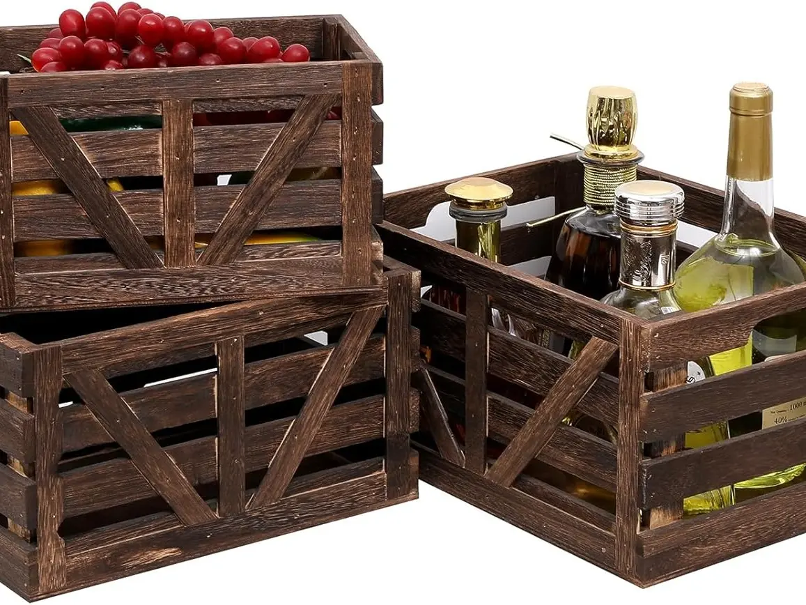 Nested Wooden Storage Crates Set of 3 (L,M,S),Farmhouse Decorative Boxes with Handles for Home Organization & Display