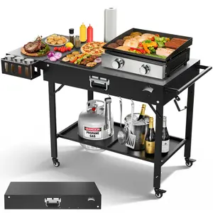 Outdoor Pizza Oven Table for Blackstone Griddle, Grill Cart Pizza Oven Stand, Foldable Cart Table with Wheels for Ninja, Cuisinart, Gozney, Solo Stove, BBQ Prep Tables Station, 46"x22"x29"