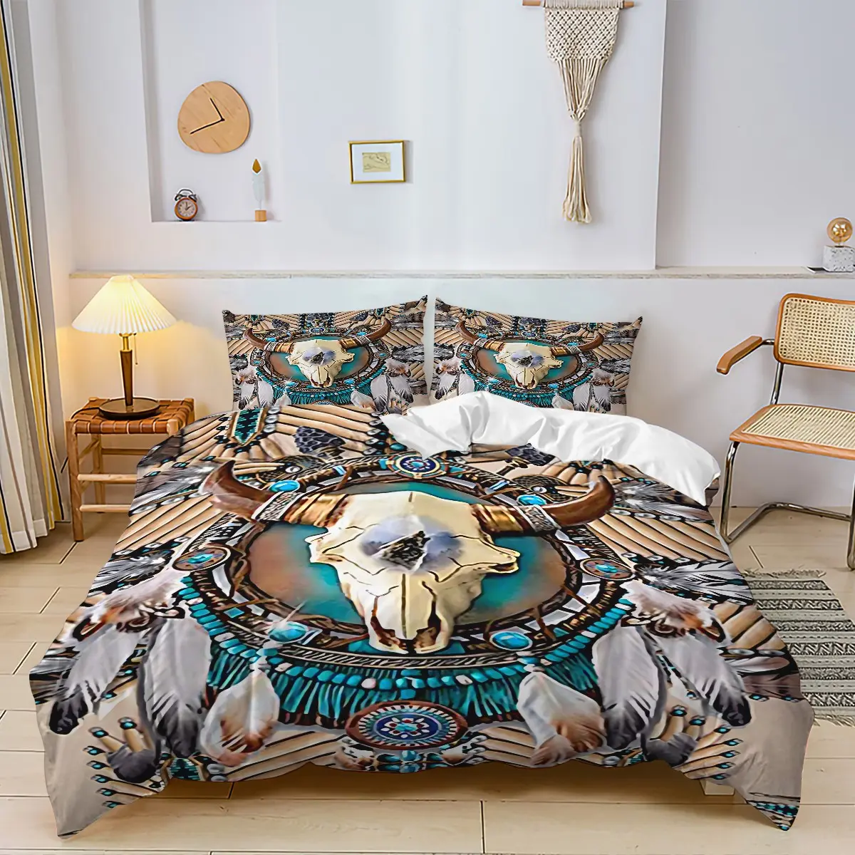 2/3‑Piece Longhorn Skull Turquoise Feather Duvet Cover Set, Boho Duvet Cover – Skin‑Friendly, Machine‑Washable Design, Ideal for Bohemian‑Style Room, Teen Hangout Space, No Fillers