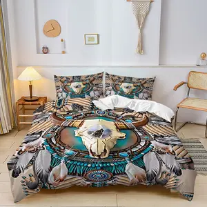 2/3‑Piece Longhorn Skull Turquoise Feather Duvet Cover Set – Skin‑Friendly Bedding Set, Machine‑Washable Design, Ideal for Bohemian‑Style Room, Teen Hangout Space, Apartment, Native‑Culture Content‑Shooting Background Decor, No Fillers.