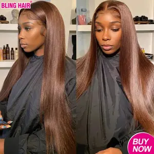 Bling Hair Chocolate Brown Straight 13x4 Lace Frontal Human Hair Wigs 180 Density Dark Brown Glueless Brazilian Virgin Hair Pre Plucked Natural Hairline for Women