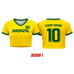 Brazil Soccer Crop Top Jersey Custom Name Number Women Mesh Football Fan Shirt