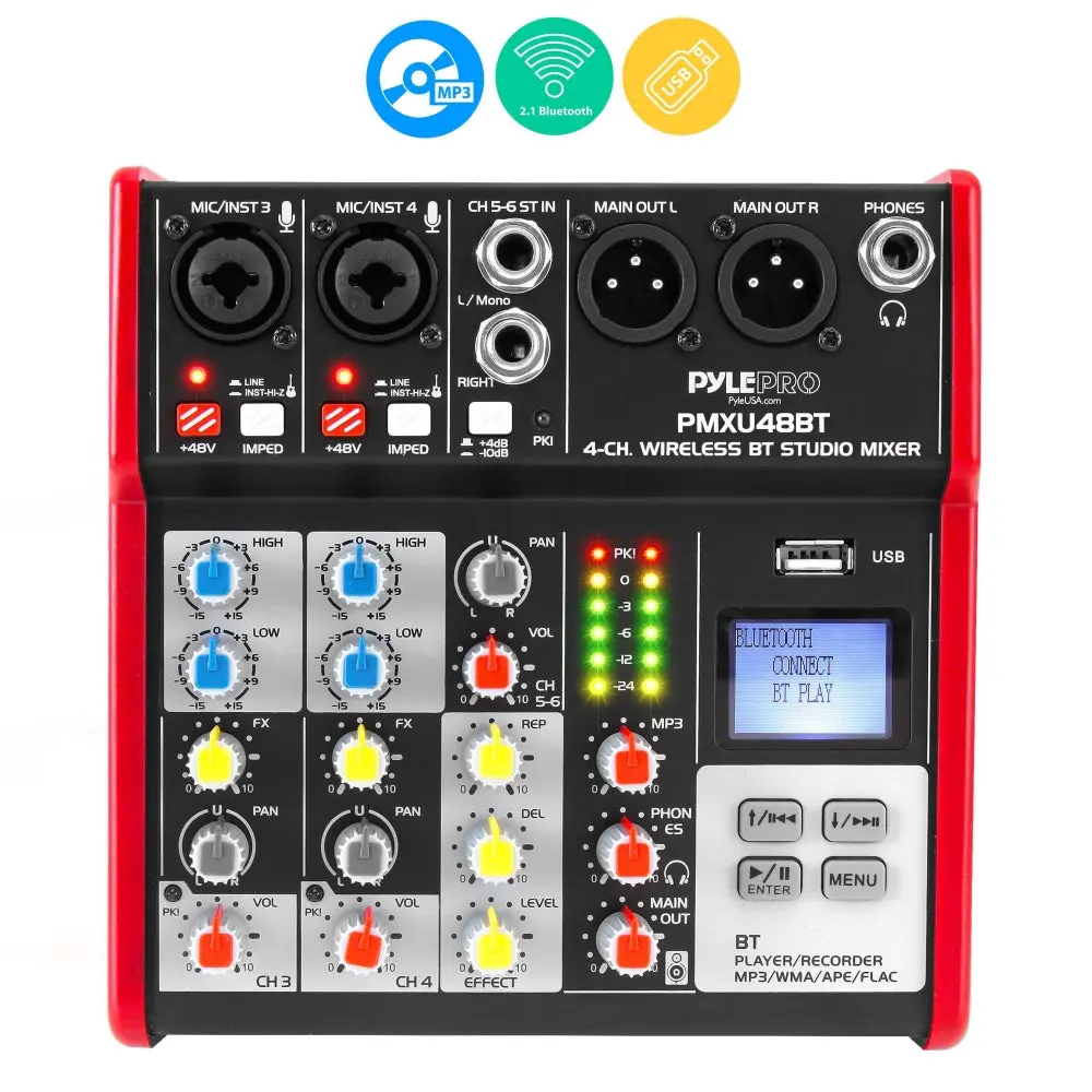 4-Channel Digital Wireless Bluetooth DJ Mixer Controller - Pro Audio Stereo Device with USB Interface, Phantom Power, LCD, Adapter, Streaming Connection, Adjustable Settings, Compatible with Guitar, Keyboard, Smartphone, Podcast Setup, Receiver, Streamer