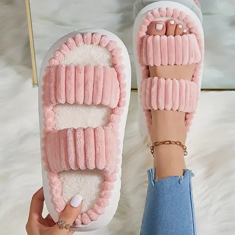 Women's Fluffy Ankle Flipflop Slippers - Anti-Slip House Slippers for Women with Stable Grip, Soft Casual Indoor Footwear, Rivet Accent, Daily Use Gifts for Her