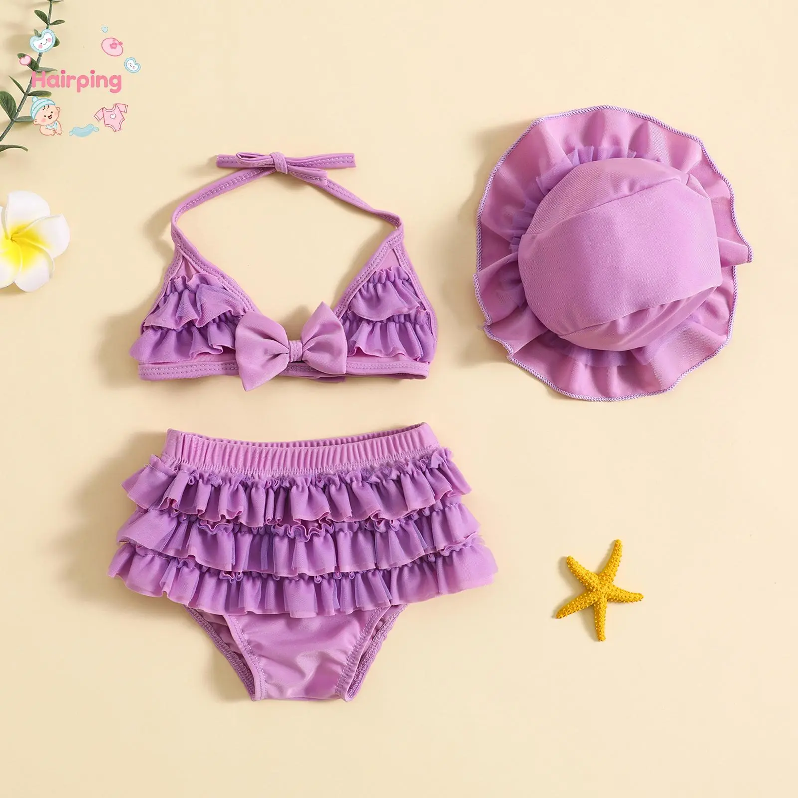 Baby Girl Purple Ruffle Bikini Set with Sun Hat, Halter Neck Bowknot Two Piece Swimsuit, Cute Layered Ruffle Bottom Bathing Suit, Summer Beach Pool Party Outfit for Toddler Infant