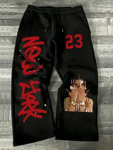 Men's Loose-Fit Floral Print Trousers, Street Style Drawstring Wide Leg Pants, American High Street Fashion, Casual Wear