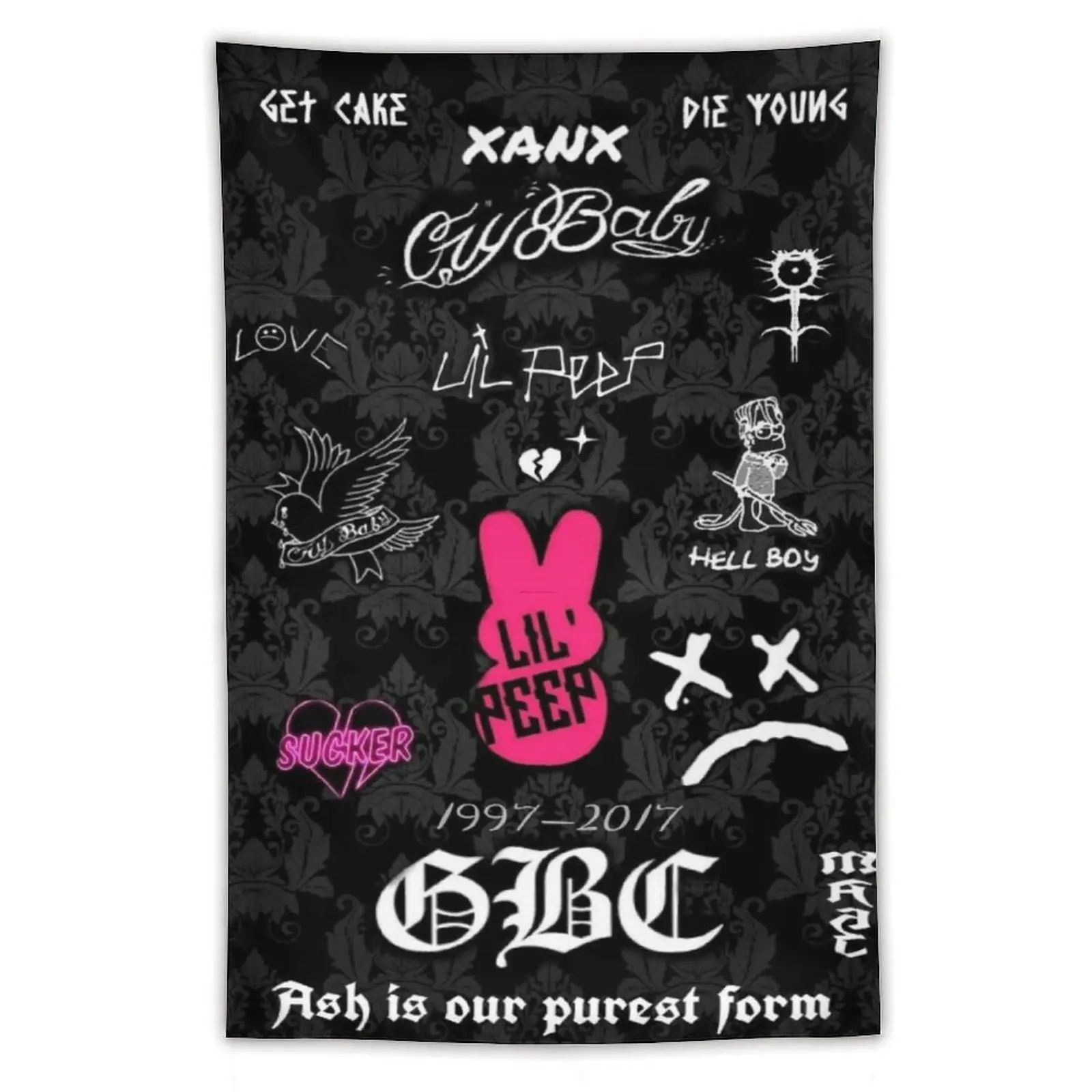 Lil Peep Tribute Wall Tapestry, CryBaby GBC Decor, Emo Rap Legend Poster, Music Studio Wall Hanging Decor, Goth Angel Sinner Art, Pink & Black Room Decor Tapestry, Gift for Fans