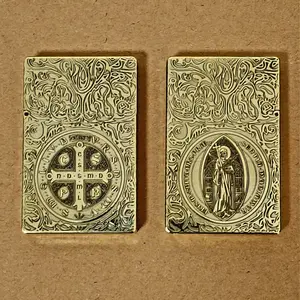 Solid Brass St. Benedict Cross & Holy Icon Relief Lighter – 6-Side Hand-Engraved Armor Case (Empty, No Fuel) Carving