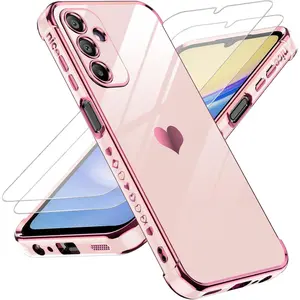 for Galaxy A15-5G Phone Case: with Tempered Glass Screen Protector [2 Pcs]+ Full Camera Lens Protection, Love Heart Plating Girly Women Luxury Shockproof Android A 15, Pink