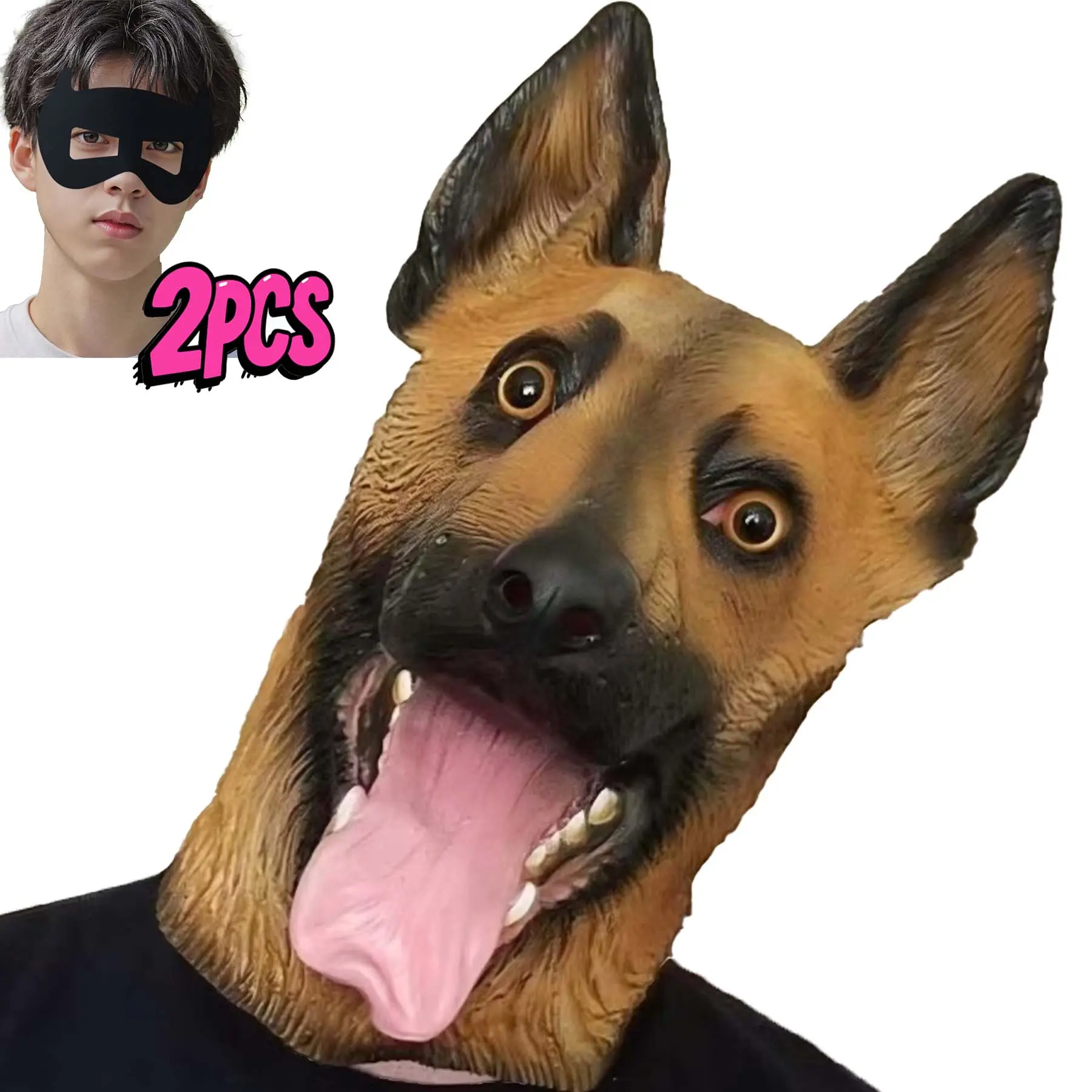 Cute Water-Proof Husky Latex Animal Mask with Fur, Eye & Tongue Details - 2pcs Cosplay Party Prop Halloween Dog Headgear, Free Gift Included, Festive Party Accessories, Set