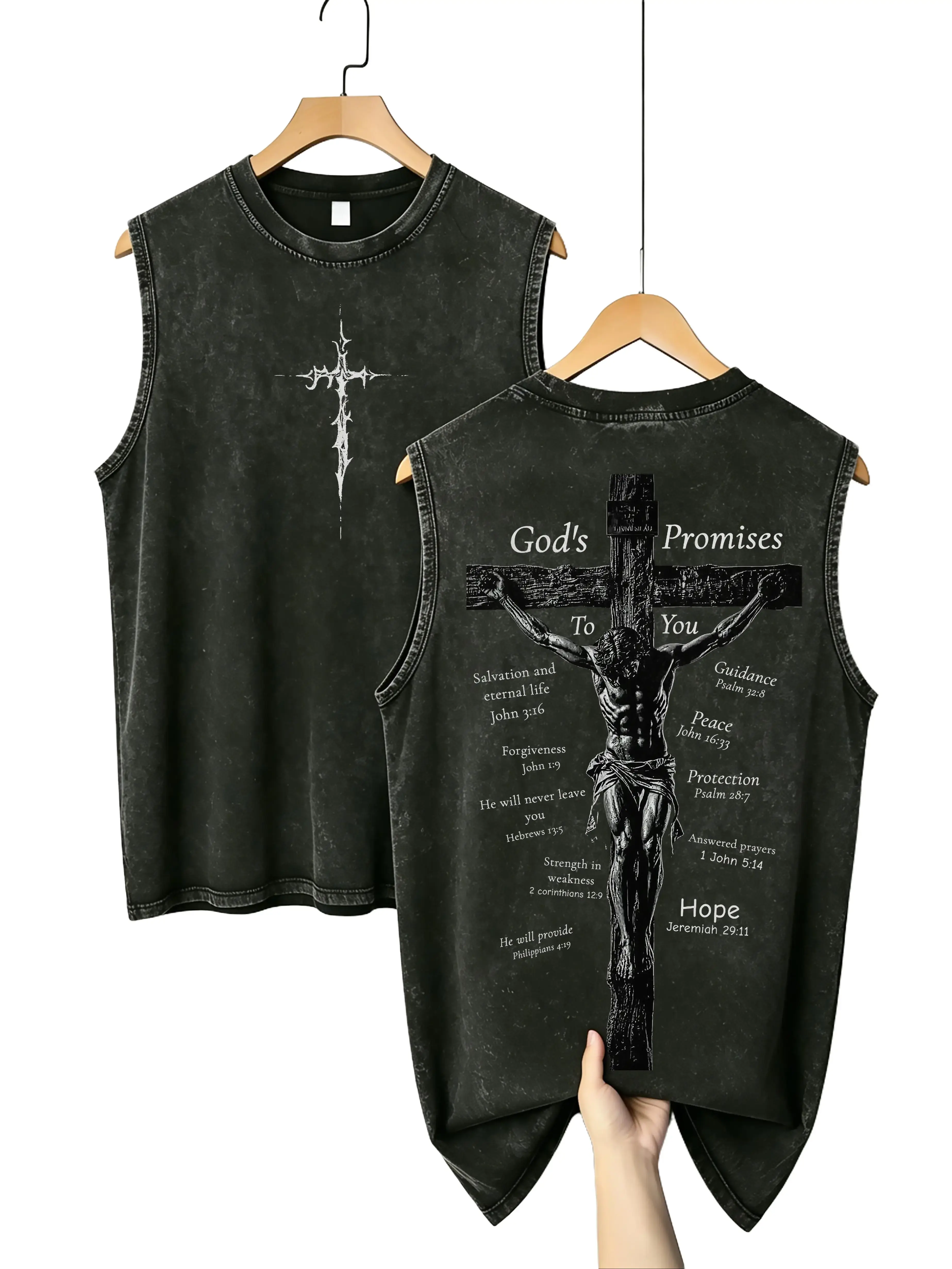 Menswear Men's Christian Oversized Round Neck Sleeveless Tank Top - 210G Heavyweight Cotton, Vintage Acid Wash, Bible Verse Graphic, Patriotic Faith Relaxed Fit Biker Top, Black