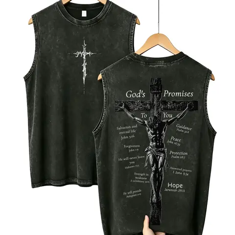 Men's Christian 210G Heavyweight 100% Cotton Oversized Round Neck Casual Sleeveless Tank Top - Acid-Wash, Bible Verse Graphic, Patriotic Faith, Retro Vibe, Menswear Biker Vesttop