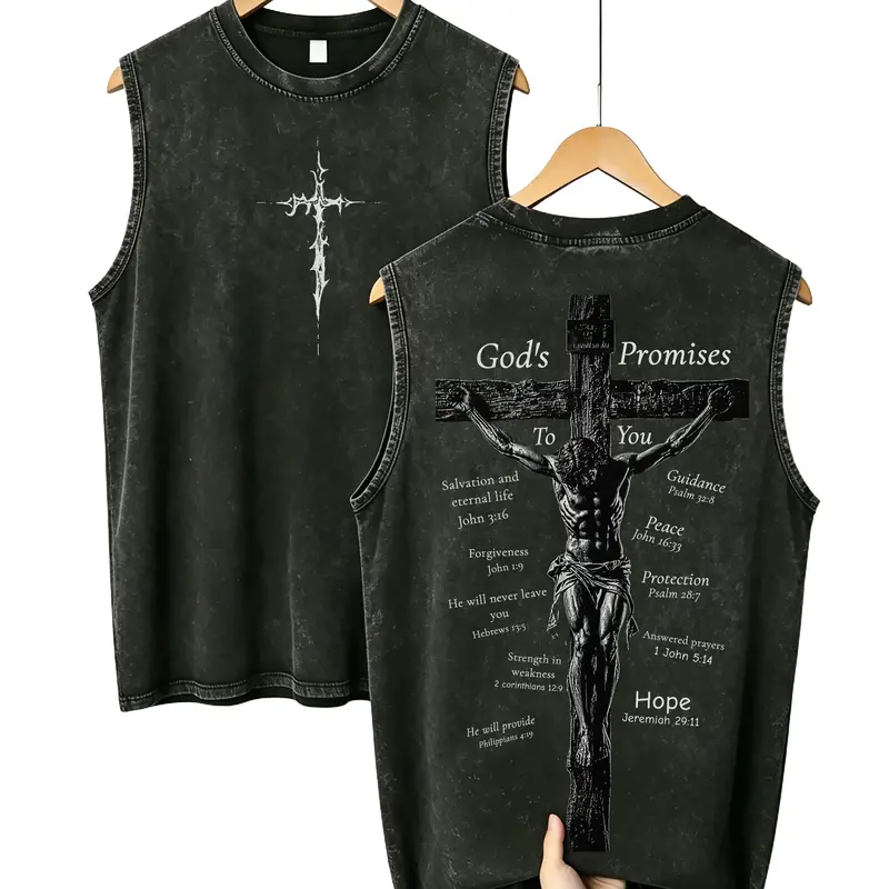 Men's Christian 210G Heavyweight 100% Cotton Oversized Round Neck Casual Sleeveless Tank Top - Acid-Wash, Bible Verse Graphic, Patriotic Faith, Retro Vibe, Menswear Biker Vesttop
