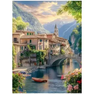 Idyllic Italian River Village Mountain Landscape 5D Full Drill Diamond Painting Kit Charming Mediterranean Town Canal Bridge Art DIY Cross Stitch Mosaic Craft Scenic Home Wall Decor Handmade Gift for Travel & Nature Lovers