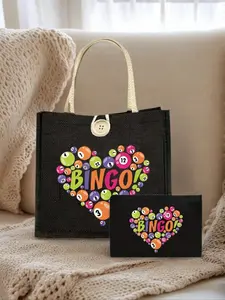 Bingo Theme Handbag Set for Women, Large Capacity Fabric Shoulder Bag, Includes Coin Wallet, Perfect Gift for Commuting, Shopping, Parties