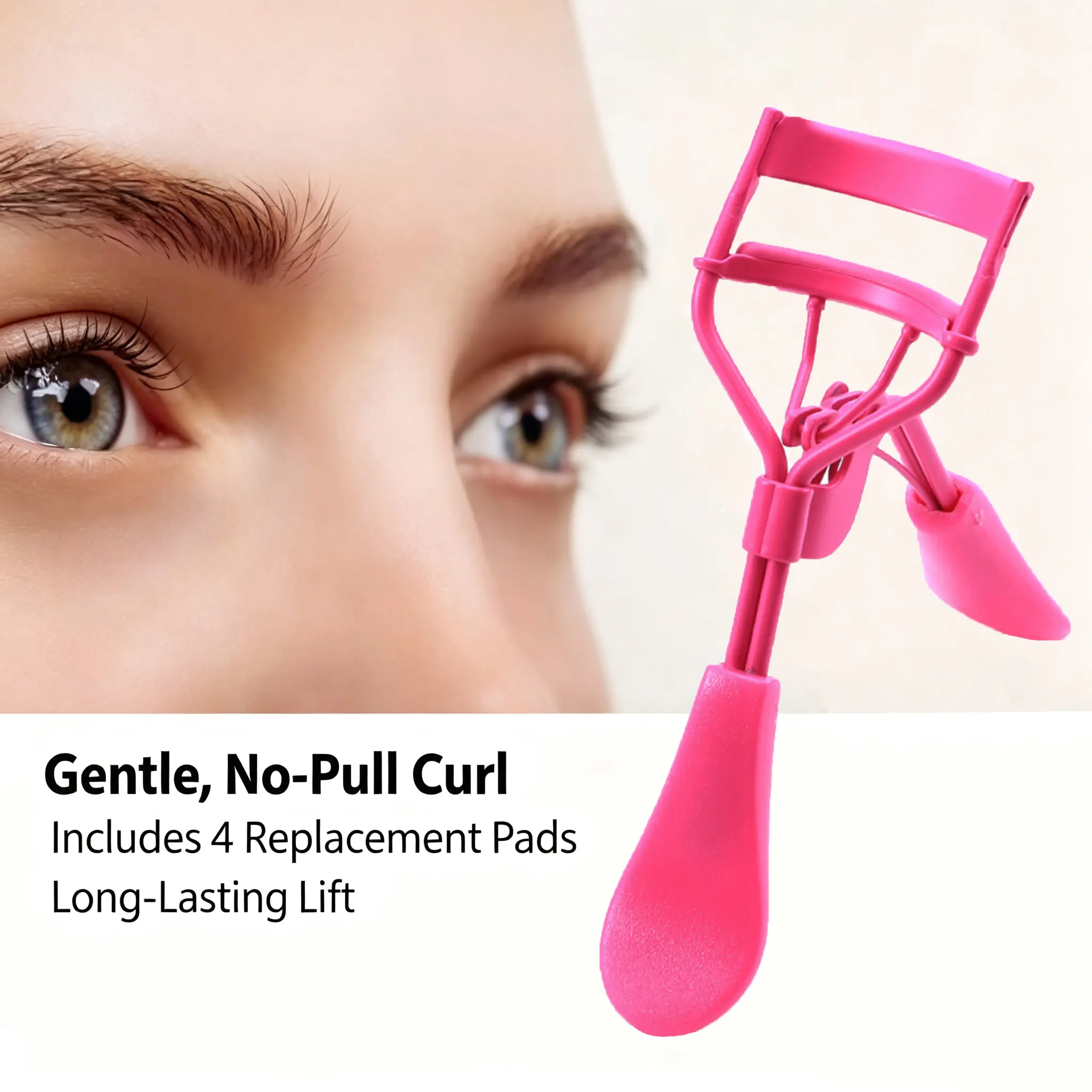 No-Pull Eyelash Curler with 4 Replacement Pads – Gentle Long-Lasting Lash Lift, Soft Silicone Pad, Cute Makeup Tool for Women