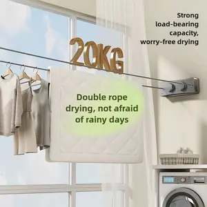 Double-rope 5.1-meter steel wire clothesline, retractable and concealed clothesline for balcony drying, suitable for indoor and outdoor use, no need for drilling.