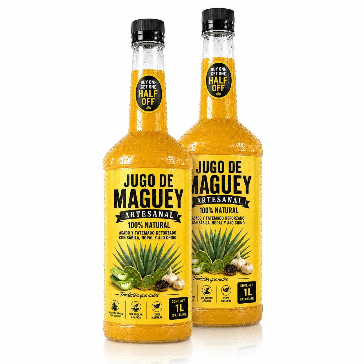 2 Bottles Viral Jugó de Maguey PREMIUM Artesanal 33 Fl Oz (1 Lt) Each - Maxima Calidad de Exportacion -  100% Natural Reinforced with Sábila Nopal and Ajo Chino Strong Flavor Beverage Syrup