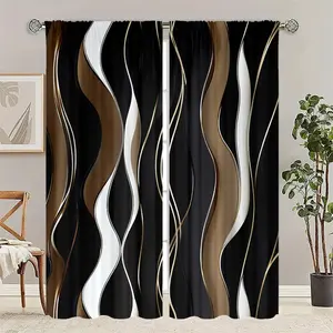 2 pieces, black and brown wavy geometric pattern print. Installed with pocket rods. Digital printed curtains. Suitable for living room, closet, bedroom, study, dining room and home decoration.