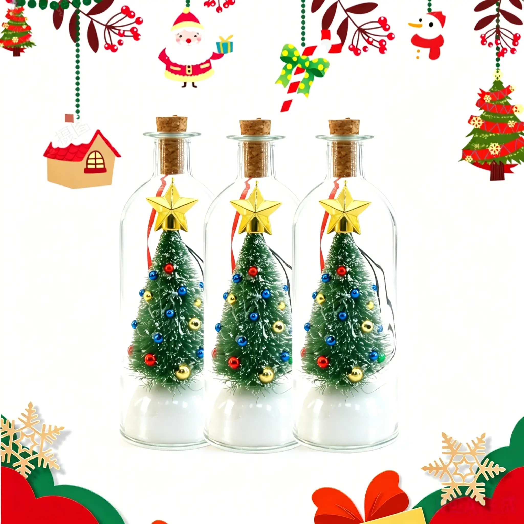 3 Pcs Christmas Tree Message in a Bottle Ornament Recordable Voice Message In A Bottle Christmas Tree, Glass Bottle Mini Snowy Xmas Tree Ornament Personalized Audio Recording Keepsake Christmas Gift