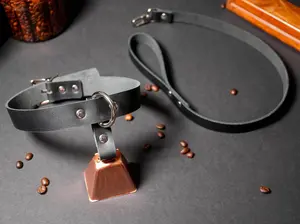 Deluxe Locking Hucow Collar with Copper Cowbell and Leash Combo in Black Leather