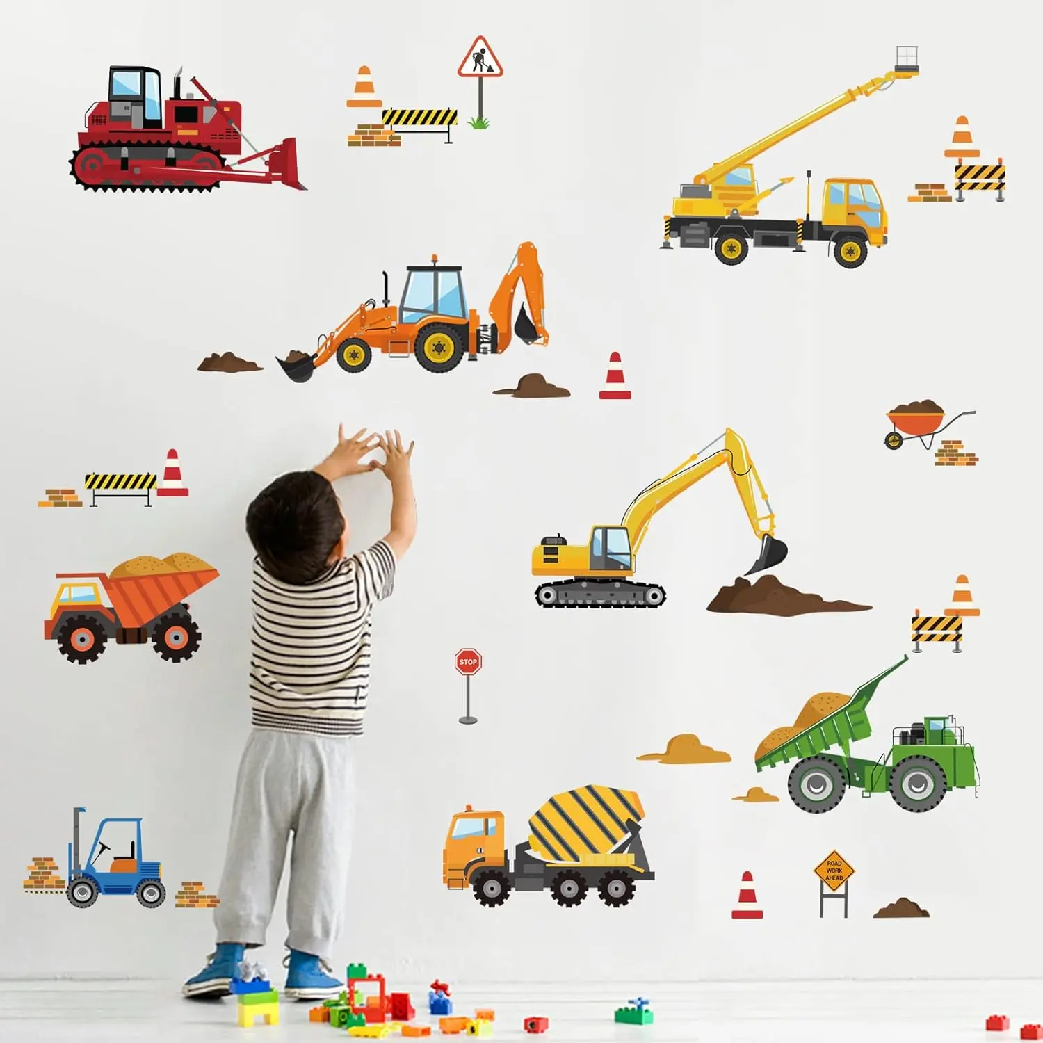 X-WPA26 Construction Vehicles Wall Decals Tractor Excavator Crane Wall Stickers Kids Bedroom Boys Room Playroom Wall Decor Decorative Removable