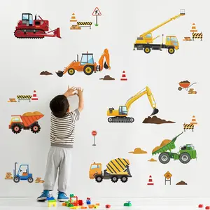 X-WPA26 Construction Vehicles Wall Decals Tractor Excavator Crane Wall Stickers Kids Bedroom Boys Room Playroom Wall Decor Decorative Removable