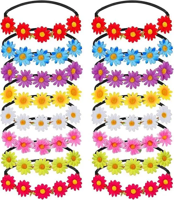 Women's & Girls' 16-Piece Multicolor Pollen-Free Daisy Mix Flower Crown Headbands - Adjustable Fit Elastic Ribbon, Bendable Wires Floral Garland for Bohemian Outfits, Hippie Festival Wedding Hair Accessories