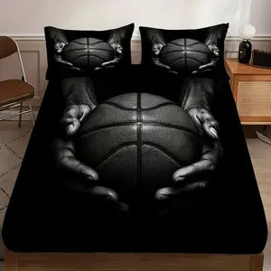 3pcs Basketball Print Fitted Sheet Set, Black Hands Holding Basketball, Breathable Polyester, Machine Washable for All Seasons Ideal for Bedroom Guest Room Master Suite and More Includes 1 Fitted Sheet and 2 Pillowcases No Mattress Core
