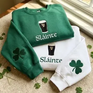Slainte Embroidered Sweatshirt, Irish Shamrock Crewneck Sweater, Lucky St Patricks Day Pullover, Clover Graphic Shirt, Irish Drinking Party Outfit, Pub Crawl Apparel, St Paddys Day Gift for Friends, Unisex Festive Green Top