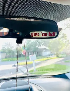 Give 'em hell, Car decals, rear view mirror decal, goth decals, goth car decal, goth car decor, trendy mirror decal, spooky car decal, hell