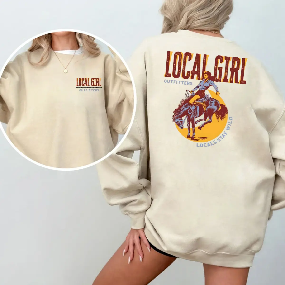Local Girl - Stay Wild 2-Side Sweater, Cowboy Rodeo Outfits, Western Style Graphics Sweatshirt, Women's Gifts, Casual Womenswear, Unisex
