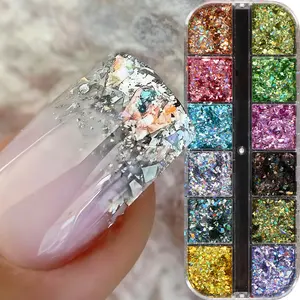 12 Grids Nail Art Glitter Set – Y2K Mermaid Iridescent Hexagon Sequins, 3D Mirror Effect Foil Flakes & Sparkly Irregular Nail Flakest for Gel Polish Decoration