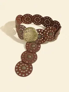 Boho Bohemian Antique Copper Carved Round Buckle Metal Cutout Circular Patch Belt, Vintage Versatile Casual Fashion Waistband
