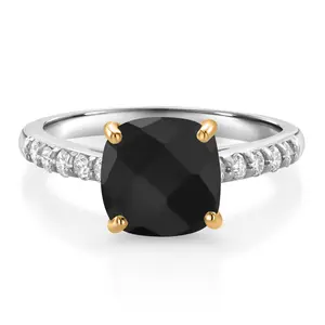 Gem Stone King 2.31 Ct Cushion Checkerboard Black Onyx G/H Lab Grown Diamond 10K White Gold Engagement Ring with Yellow Gold Prongs