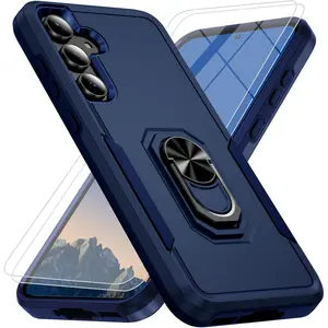 Phone Case for Samsung Galaxy S25 FE [15 FT Military-Grade Drop Protection] with 2X Tempered Glass Screen Protector, Heavy-Duty Shockproof Kickstand Phone Case (Dark Blue)