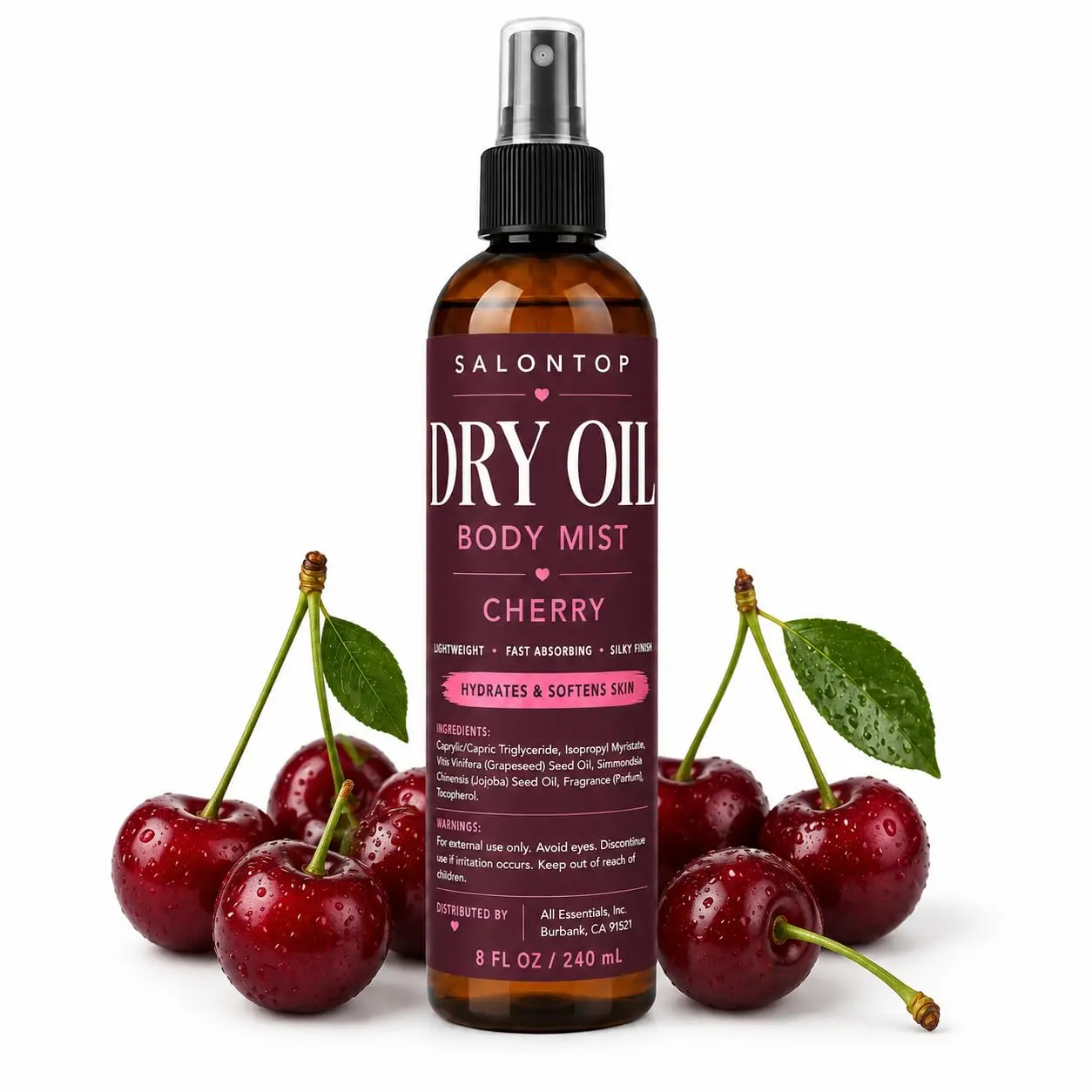 Cherry Dry Oil Body Mist 8 oz | Lightweight Body Oil Spray, Fast Absorbing Moisturizing, Fine Mist Spray, Non-Greasy Finish, Silky Soft Skin