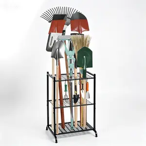 Heavy Duty Tool Organizer with Storage Hooks, Garage Wall Mount Rack for Yard Tools, Holds Up to 35 Long-Handled Tools, Metal Tool Holder Stand with 6 Hooks, Space-Saving Black Rack