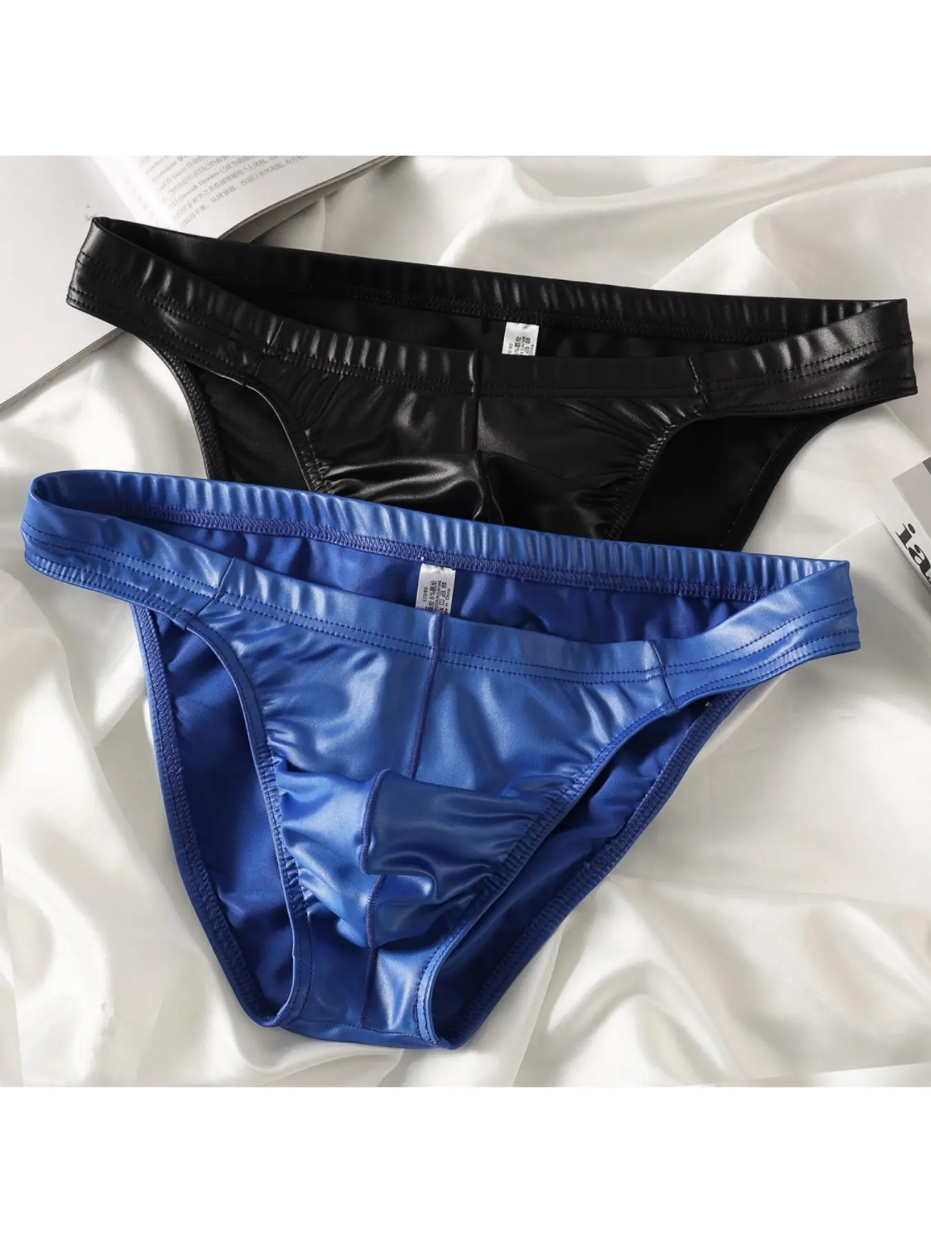 2-Pack Men's Faux Leather Shiny Fashion Briefs - Premium Plain Solid Color Casual Comfy Underwear for Men, Comfortable, Fitted & Non-Restrictive, All-Season Boxer Shorts, Menswear