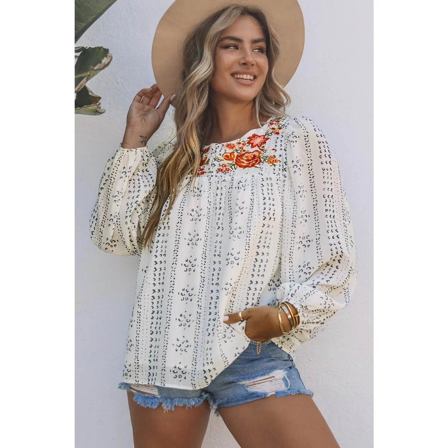 Beige Long Sleeve Embroidered Print Blouse