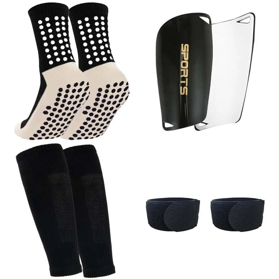 1 Pair Mens Grip Soccer Socks, 1 Pair Shin Sleeves with 1 Pack Shin Guards and 2 Shin Straps, Soccer Football Game Set 5 Pcs
