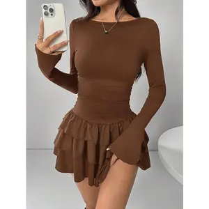 Elegant Women's Long Sleeve Brown Ruffle Solid Color Dress for Summer and Autumn Fashion bodycon dresses Pleated