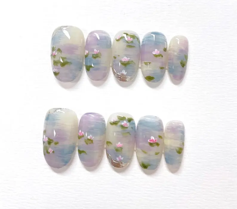 Hand Painted Water Lily Press On Nails Blue Pink Lotus Flower Nails Set