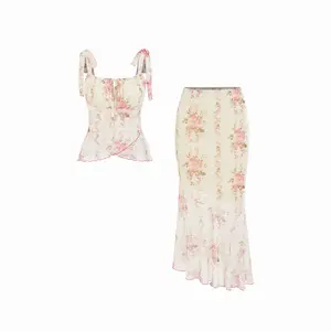 Cider Mesh Floral Bowknot Cami Top & Mid Rise Maxi Skirt Set