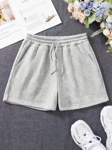 Women's Plain Knit Drawstring Waist Shorts, Casual Pocket Shorts for Daily Wear, Ladies Bottoms for All Seasons