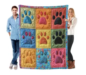 Colorful Paw Print Patchwork Quilt Blanket Pet Lover Boho Paw Print Throw Blanket