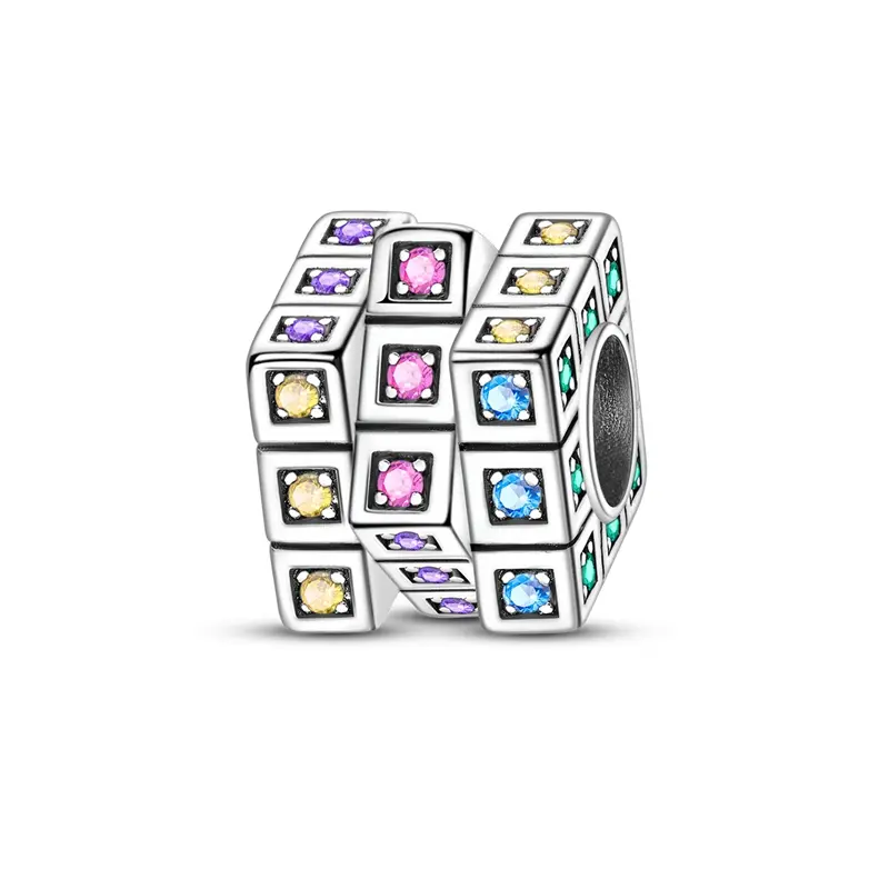 MULA S925 Silver-Plated Rubik's Cube Charm, Multicolored Cubic Zirconia Brilliant Gemstones, Pandora Bracelet Compatible, Daily Wear Accessory for Students Puzzle Lovers - School Milestones Gift, Youth, Birthday