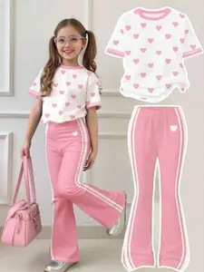 Girls' Summer Clothing Set, Colorblock Heart Print, Short Sleeve Round Neck T-Shirt & Bell Bottom Pants, Outdoor Wear
