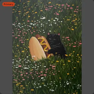 Cats n Dogs 9"x12" Art Print Featuring Black Cat with Hot Dog in Flower Field Design